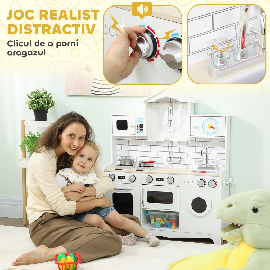 AIYAPLAY Bucătărie de Jucărie pentru Copii 3-6 Ani din Lemn cu Set de Accesorii, Chiuvetă și Butoane cu Sunete, Alb | Aosom Romania