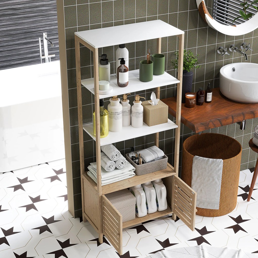 HOMCOM Mobilier Baie cu 3 Rafturi, mobilier de baie din Bambus, 63x30x138 cm, Alb | Aosom Romania