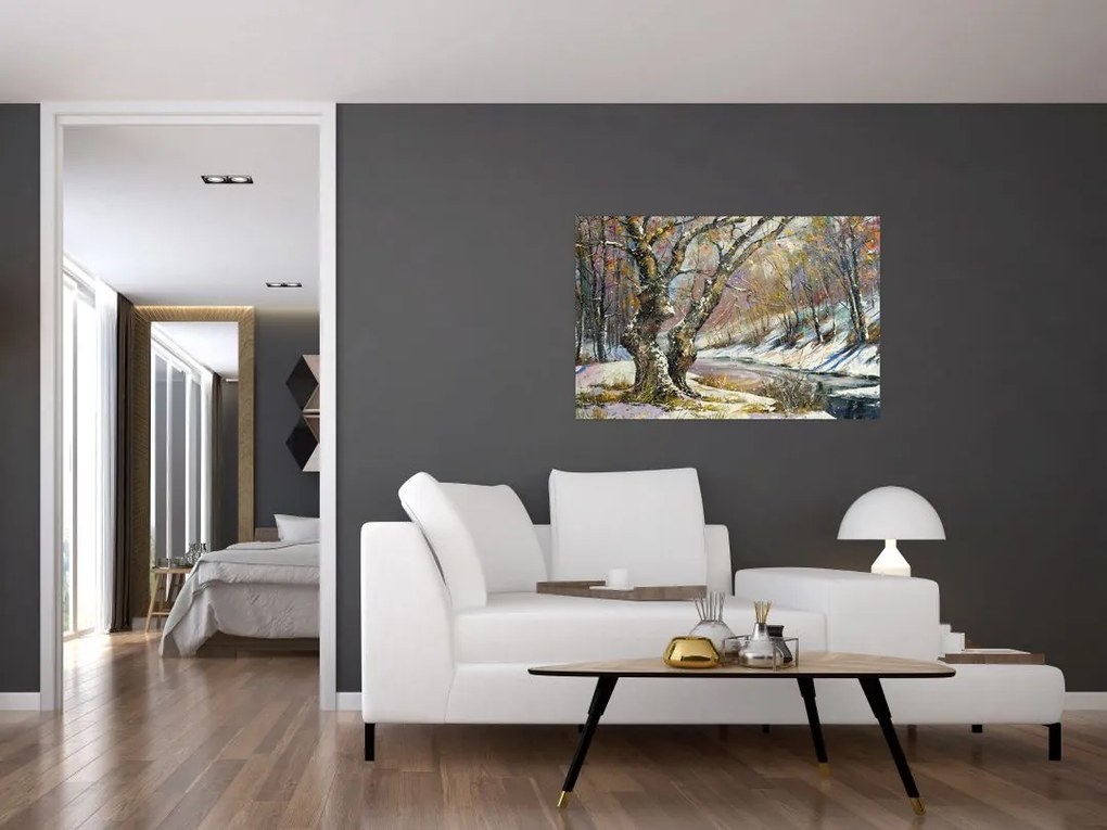 Tablou cu peisaj de iarnă pictat (90x60 cm)