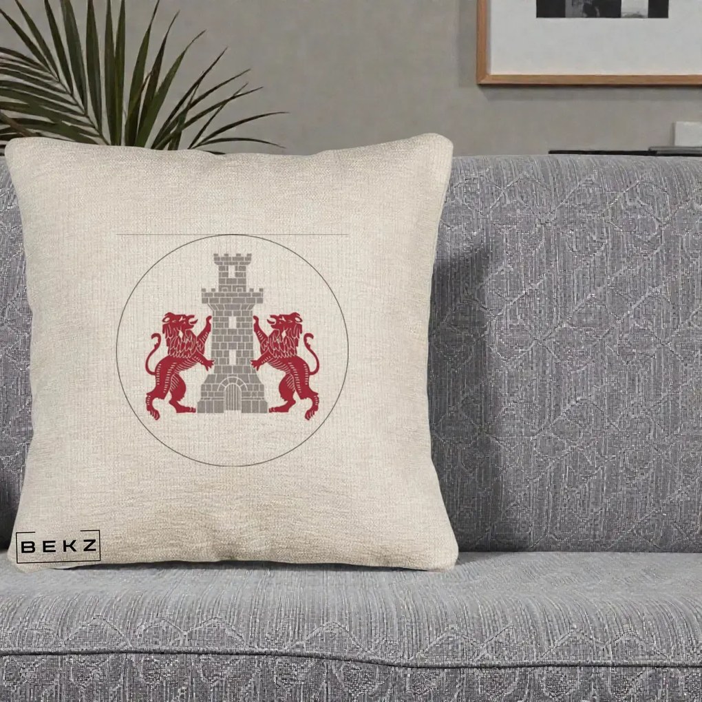 Perna Personalizata Cetatea Turnu Magurele Heraldic, 40x40 cm, Bej Canapea, Husa Detasabila, Perna Inclusa, BEKZ®