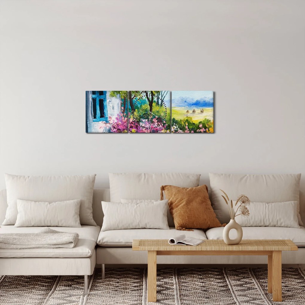 Tablou - Grădina din fața casei, pictură în ulei (cu ceas) (90x30 cm)