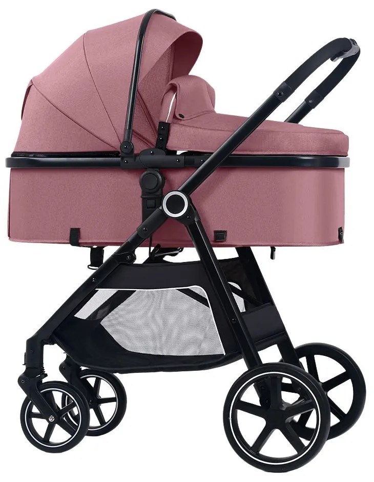 Carucior multifunctional transformabil 2 in 1 Kidizi Moveo roz, include saltea pentru landou si geanta pentru accesorii, cadru negru