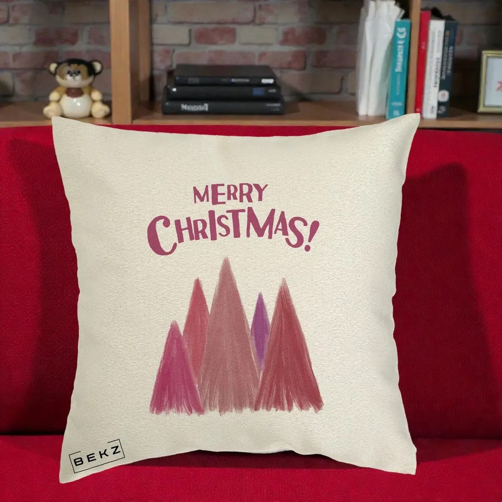Perna Decorativa Merry Christmas Brazi Roz, 40x40 cm, Ecru, Husa Detasabila, Perna Inclusa, BEKZ®