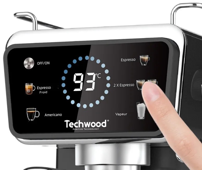 Espressor manual Techwood TCA-1386EXN, 1350W, 20 bar, 1.5 l, Cafea macinata si capsule Nesspresso5 functii, Ecran tactil, Duză de abur, Negru/Inox