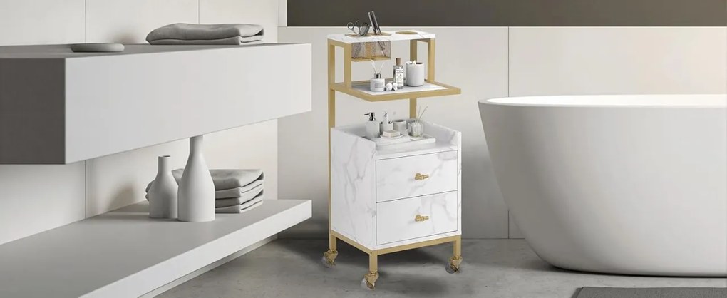 CMAU202 - Carucior 37 cm, cu Rafturi si Roti, masuta manichiura, ucenic cosmetica, masa coafor - Alb - Imitatie de marmura / Negru - Auriu