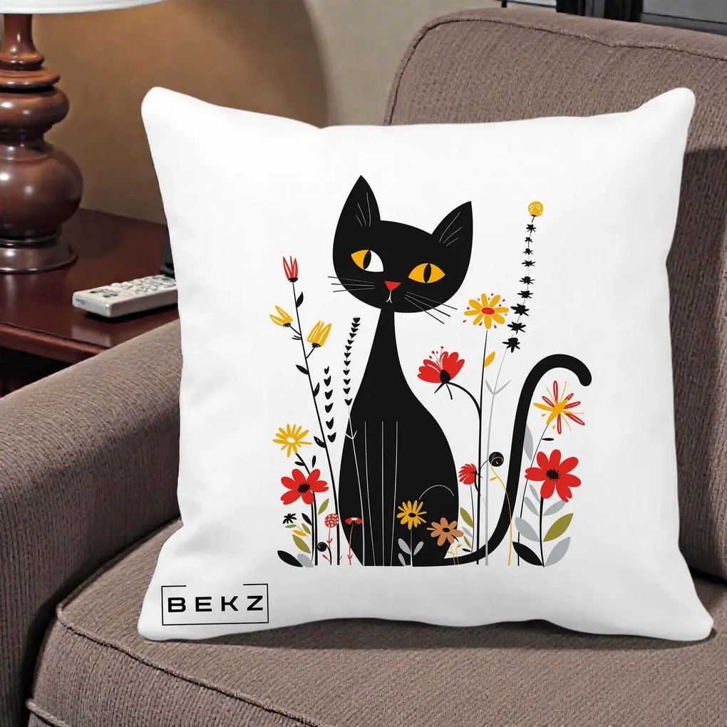 Perna Decorativa Pisica Neagra Ochi Galbeni Flori, 40x40 cm, Alba Mata, Husa Detasabila, Perna Inclusa, BEKZ®