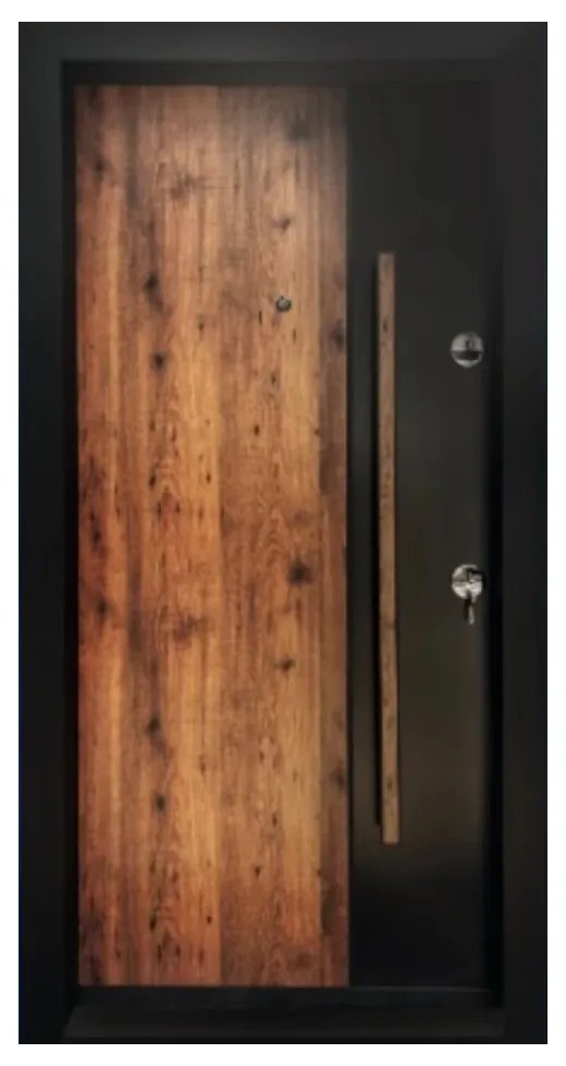 Usa metalica de exterior cu izolatie si vizor Novo Doors NDA4, Din compozit, 2 yale, Kit complet, Pentru case, Negru perlat cu stejar auriu (Sens