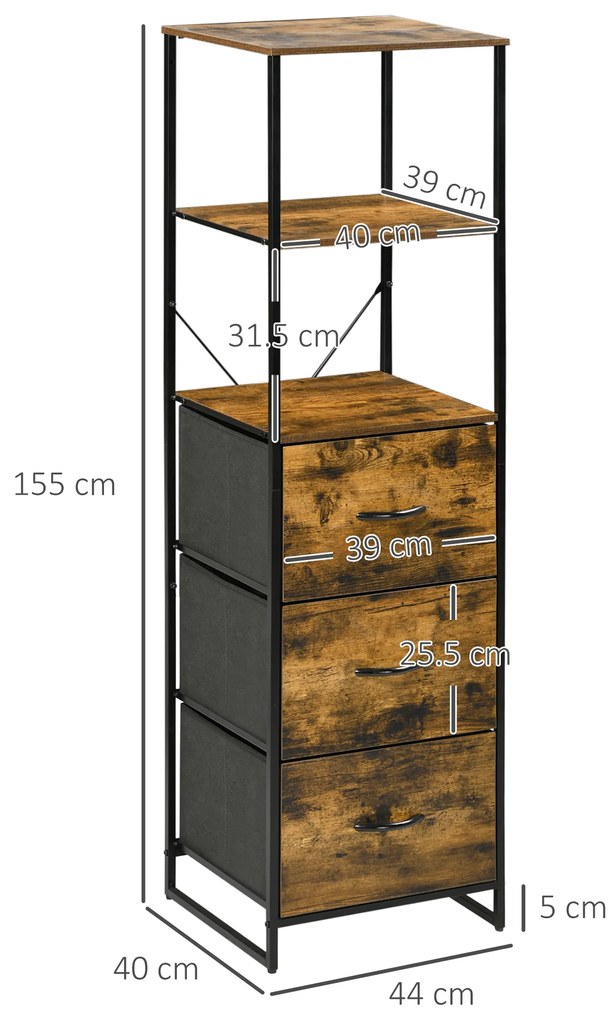 HOMCOM Mobilier de depozitare cu rafturi și 3 sertare din material textil pliabile detașabile, stil industrial, dim. 44L x 40l x 155Î cm | Aosom Romania