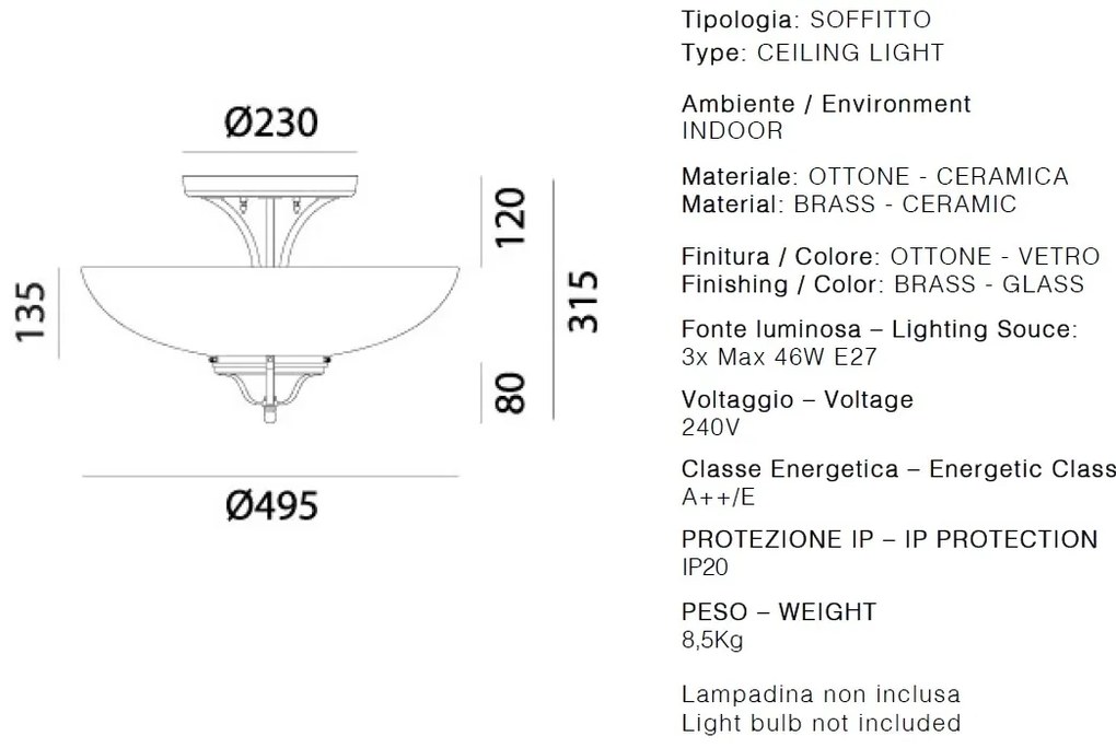 Plafoniera din alama cu sticla Murano Country 49,5cm
