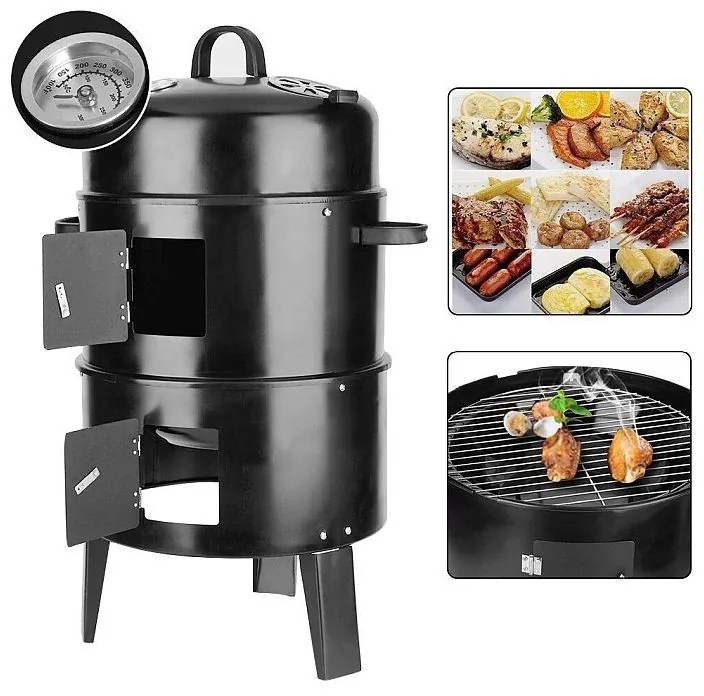 Gratar pe carbuni 3 in 1, capac cu termometru, 2 usi, 3 compartimente cu afumatoare/grill/gatire la abur, 40x40x80 cm