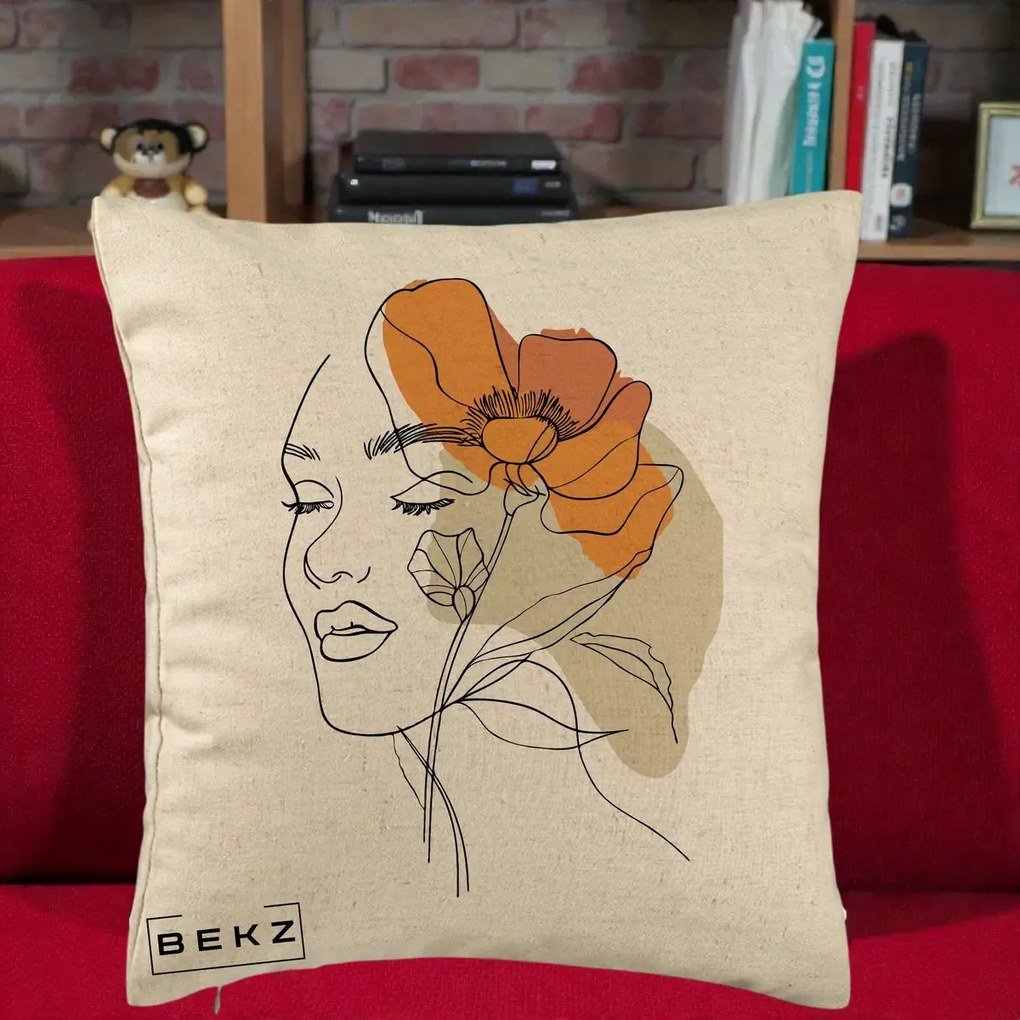 Perna Decorativa Portret Feminin Mac Mare Portocaliu, 40x40 cm, Bej, Husa Detasabila, Perna Inclusa, BEKZ®