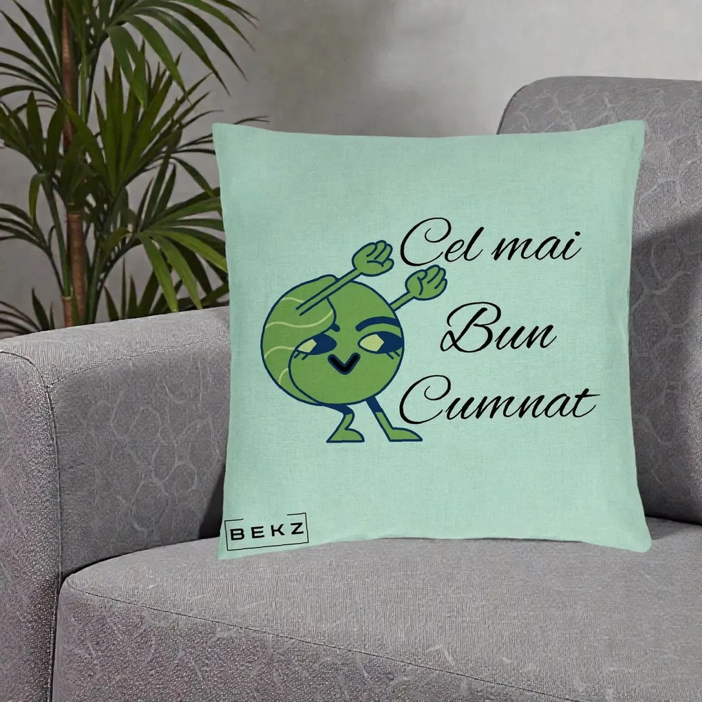 Cadou pentru Cumnat - Perna Personalizata Cel mai Bun Cumnat cu Personaj Funny Verde, 40x40 cm, Verde Menta, Husa Detasabila, Perna Inclusa, BEKZ®