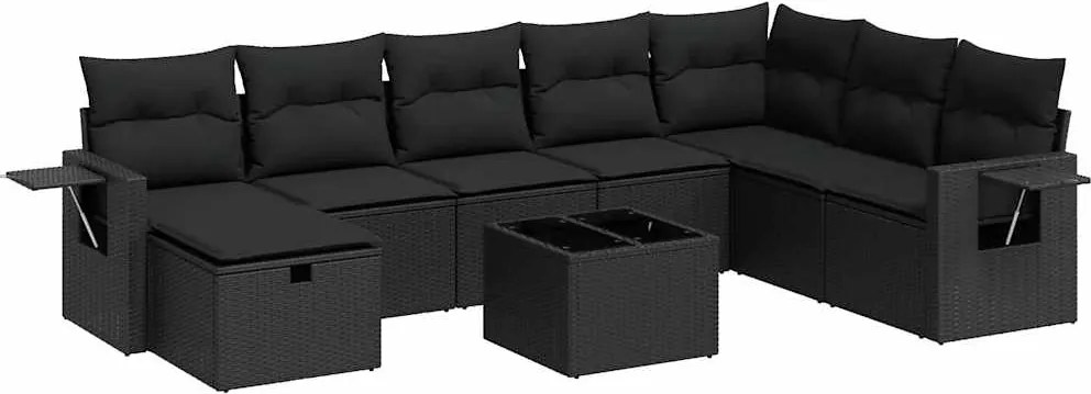 vidaXL Set mobilier de grădină cu perne, 9 piese, negru, poliratan