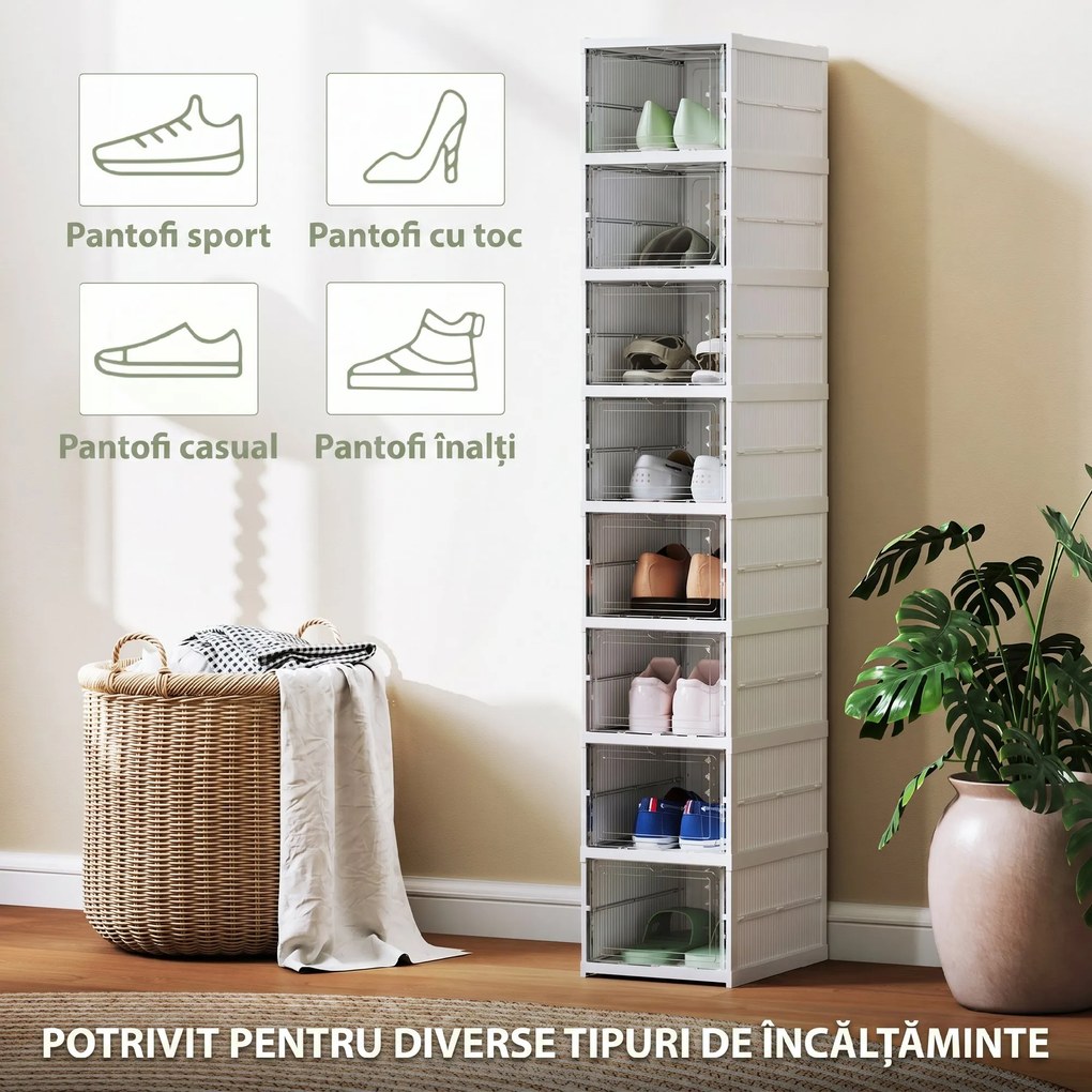 HOMCOM Dulap de Pantofi Modular cu 8 Cutii Stivuibile pentru Pantofi, 26x35x140 cm, Alb | Aosom Romania