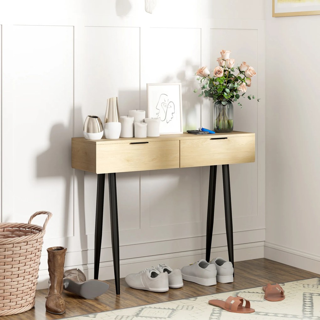 HOMCOM Consolă cu 2 Sertare, cu o finisare din lemn de stejar, Picioare are un dispozitiv anti-răsturnarel, 100x30x80,5 cm, Natural | Aosom Romania