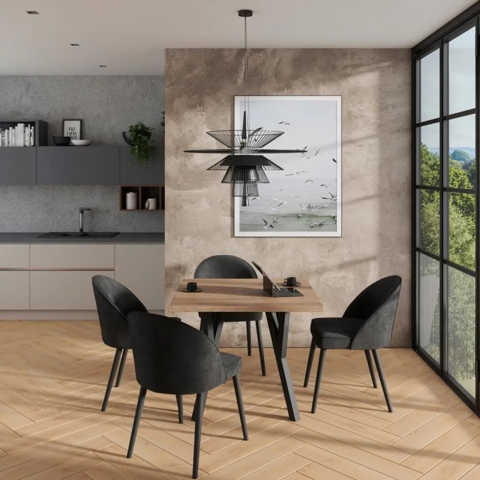 Set de masa extensibila si 6 scaune tapitate, RODOS 84, ADRK Furniture (Culoare: Stejar / Negru)