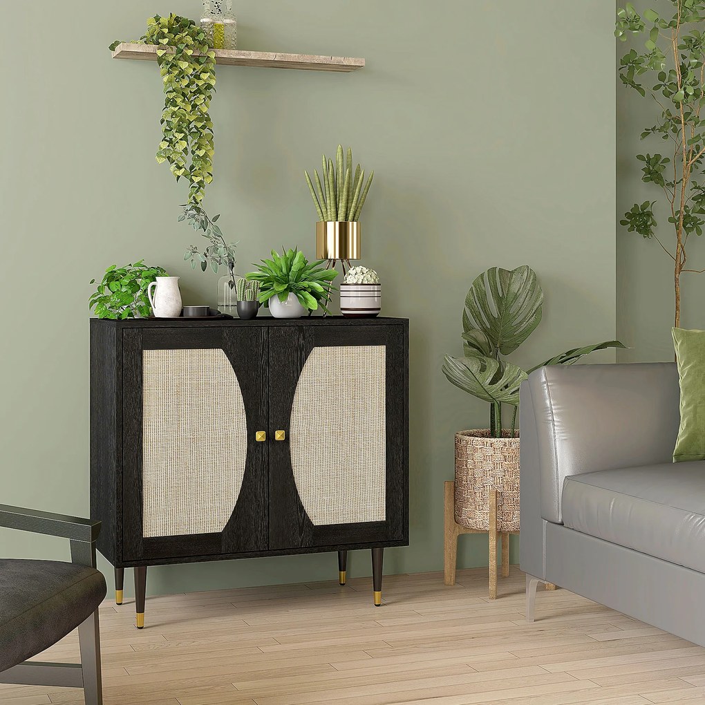 HOMCOM Bufet de bucătărie mobilier de depozitare design boem cu dublă uși și 2 nivele, fațadă din răchită 80 x 38 x 79 cm negru | Aosom Romania