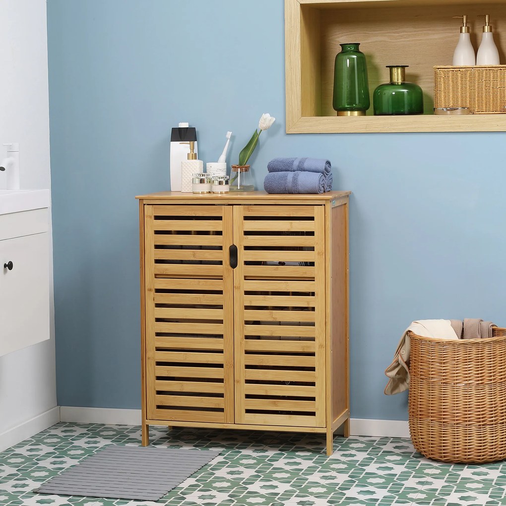 kleankin Dulap baie cu doua usi si 2 rafturi de depozitare, din bambus, natural | Aosom Romania