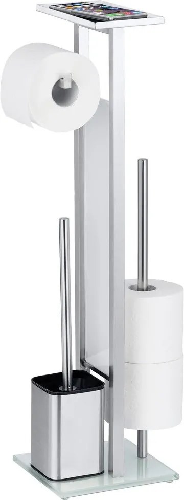 Suport pentru hârtie igienică cu un recipient și o perie de toaletă, un set practic cu o bară pentru role suplimentare și un raft - WENKO