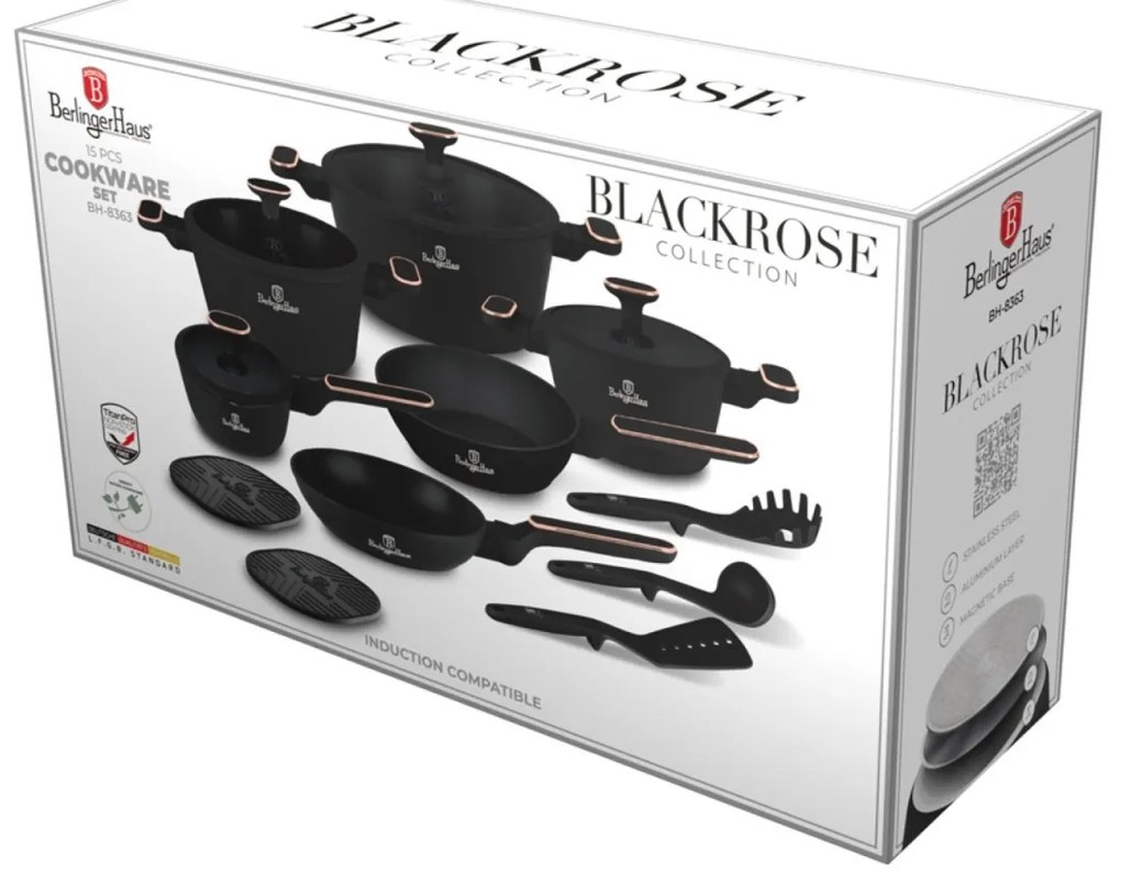 Set oale si tigai 15 piese Black Rose Berlinger Haus BH 8363, negre, înveliș antiaderent titan, compatibile inducție