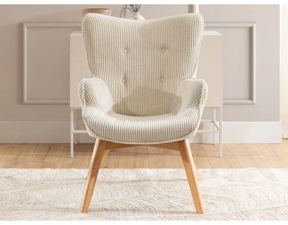 Fotoliu cu taburet bej cu tapițerie din catifea reiată Niko – Ropez