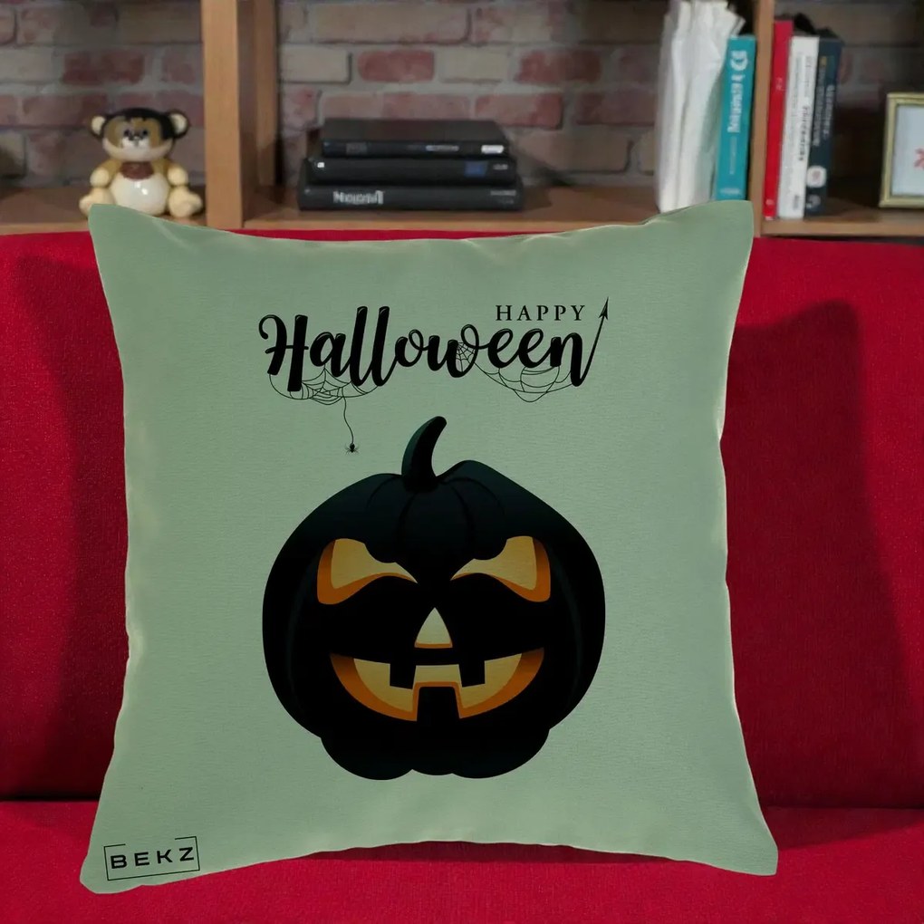 Perna Decorativa Happy Halloween Dovleac Negru cu Paianjen, 40x40 cm, Verde, Husa Detasabila, Perna Inclusa, BEKZ®