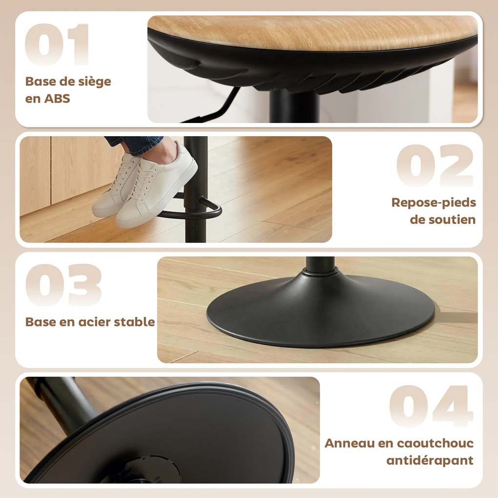 HOMCOM Set de 2 tabureți de bar, scaune de bar reglabile pe înălțime cu suport pentru picioare, pivotante 360°, bază din oțel, stejar | Aosom Romania