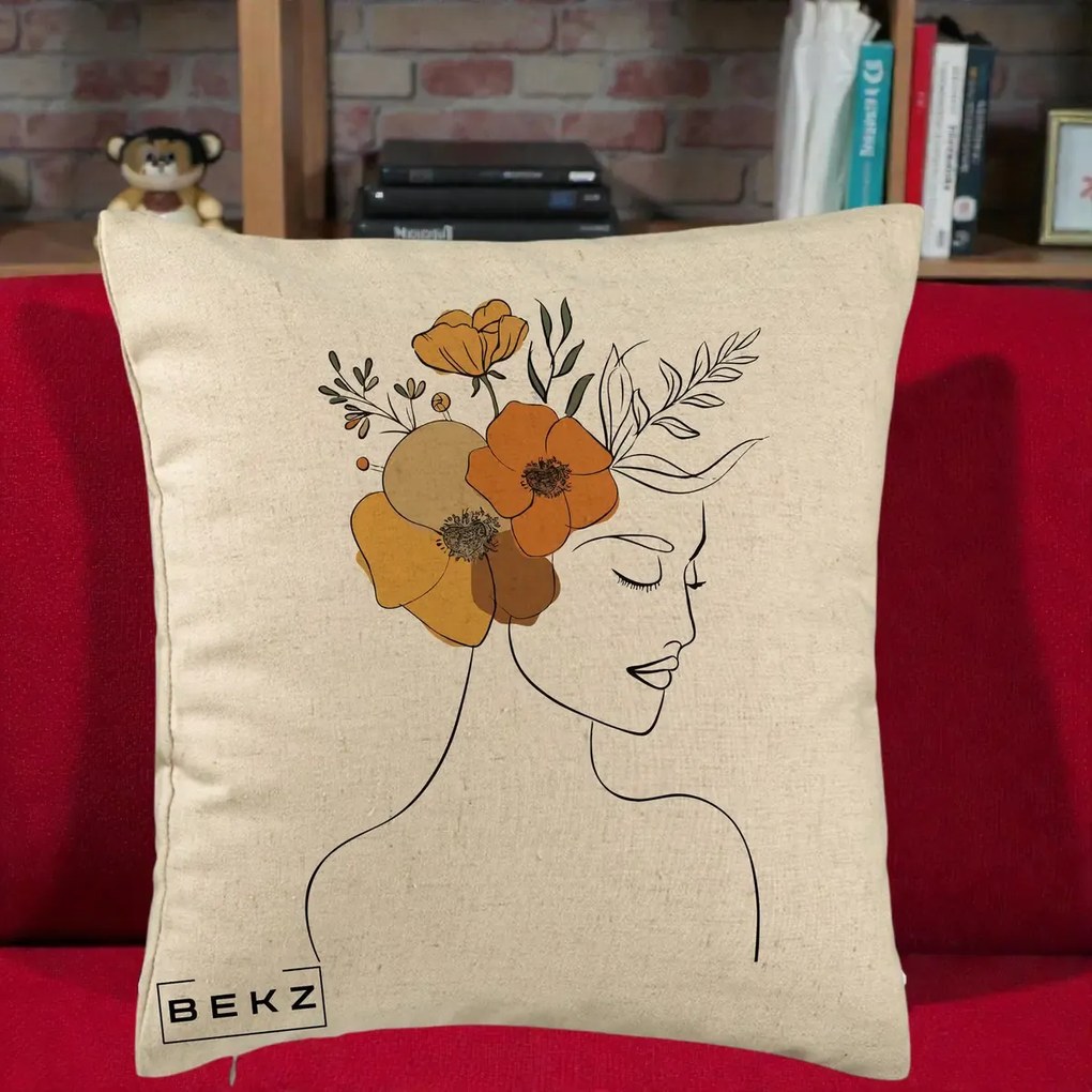 Perna Decorativa Portret Feminin Flori Galbene-Portocalii, 40x40 cm, Bej, Husa Detasabila, Perna Inclusa, BEKZ®