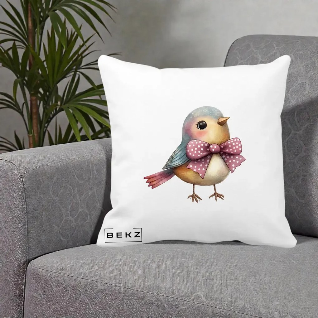 Perna Decorativa Pasare Bleu cu Fundita Roz, 40x40 cm, Alba Mata, Husa Detasabila, Perna Inclusa, BEKZ®