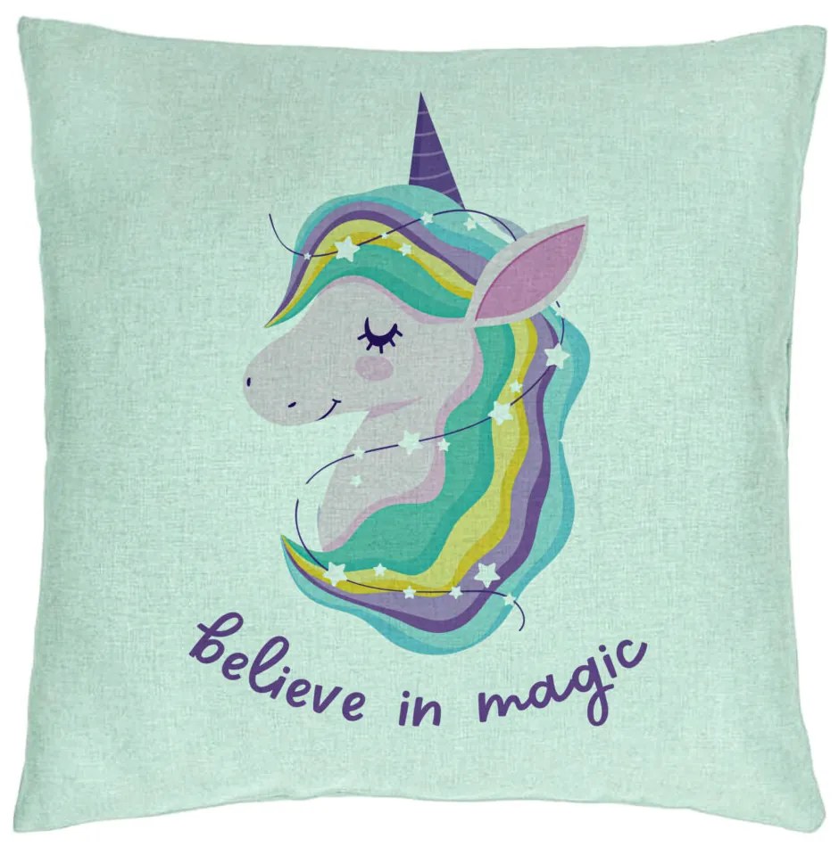 Perna Decorativa, Model Unicorns Believe in Magic, 40x40 cm, Verde Menta, Husa Detasabila, Burduf