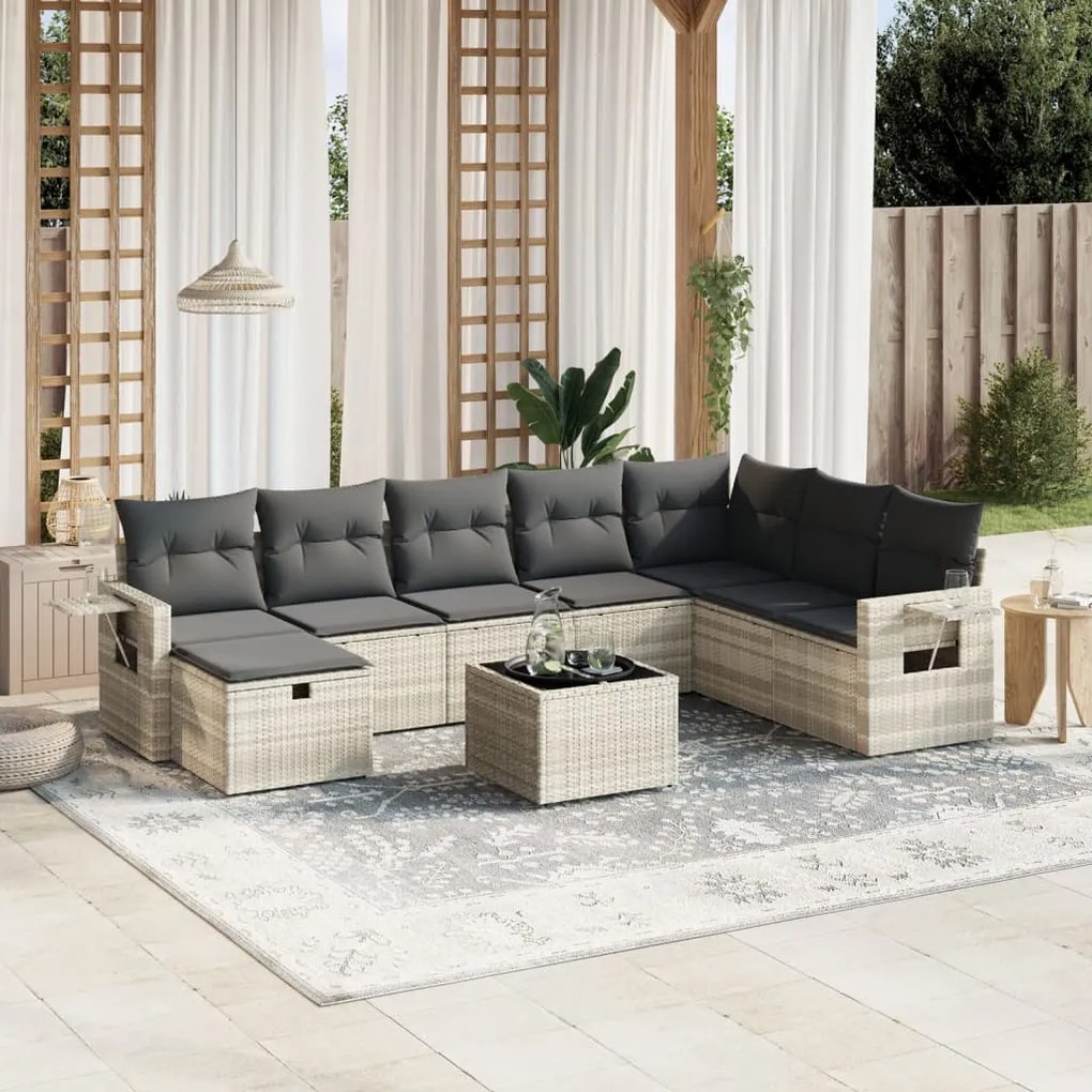 vidaXL Set canapele de grădină cu perne, 9 piese gri deschis poliratan