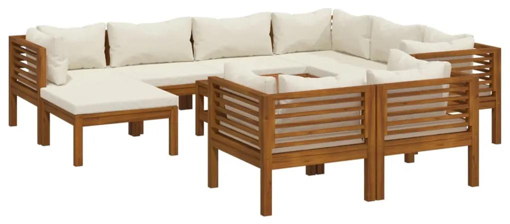 Set mobilier gradina cu perne crem, 10 piese, lemn masiv acacia Crem, 5x colt + 3x mijloc + suport pentru picioare + masa, 1