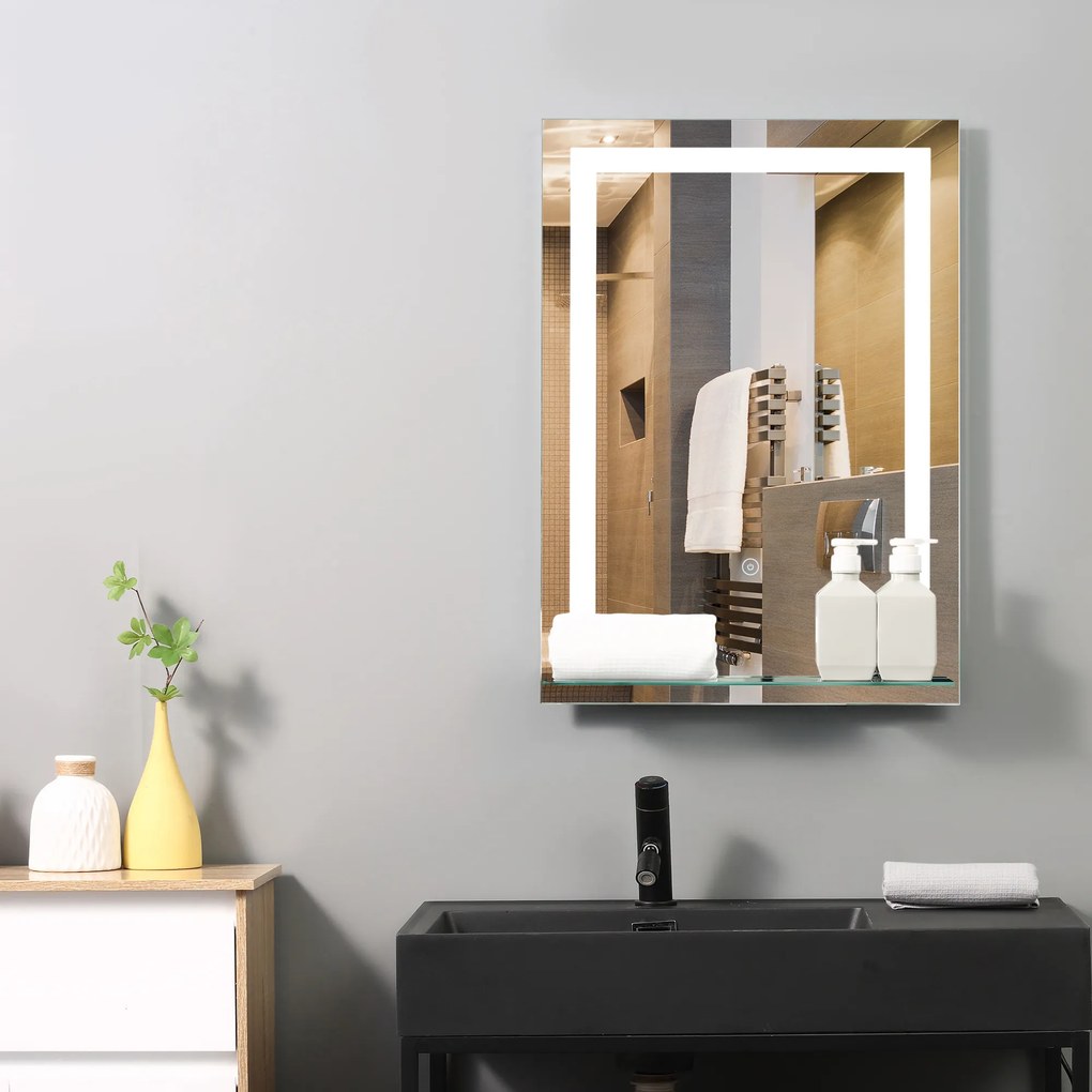 Oglinda de Baie LED touch cu raft modern pentru bai turcesti 70 x 50 cm Argintiu kleankin | Aosom RO