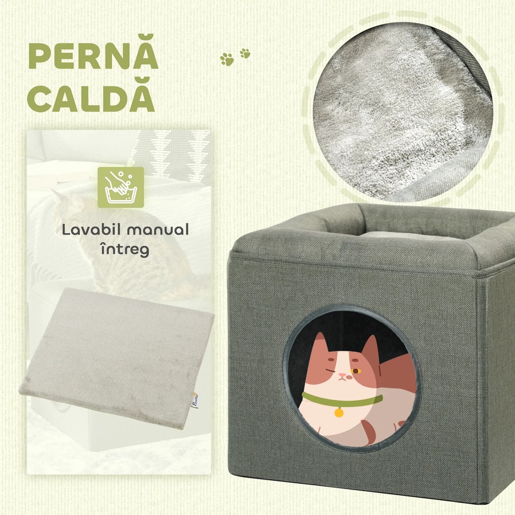 PawHut Căsuță pentru Pisici cu 2 Nivele și Pernă din Pluș, din Lemn, Poliester și Plastic, 36.5x36.5x33 cm, Verde | Aosom Romania