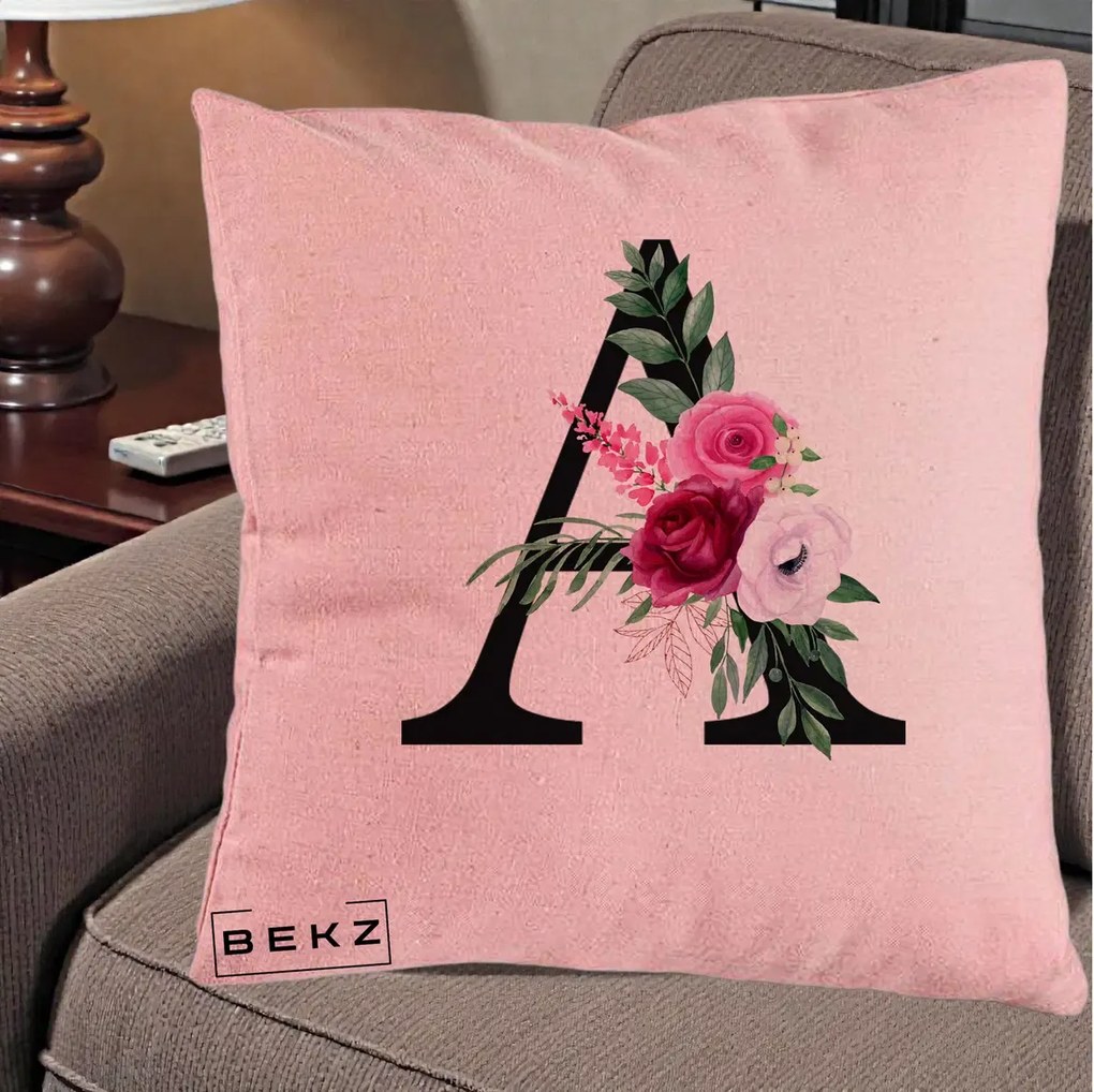Cadou Personalizat - Perna Personalizata Monograma Florala Litera A, 40x40 cm, Roz, Husa Detasabila, Perna Inclusa, BEKZ®