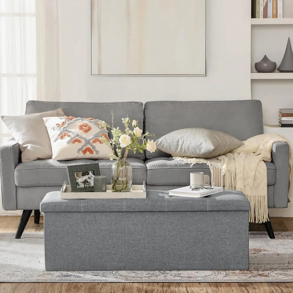 Bancheta versatila cu capac, MDF / textil, gri deschis, Songmics