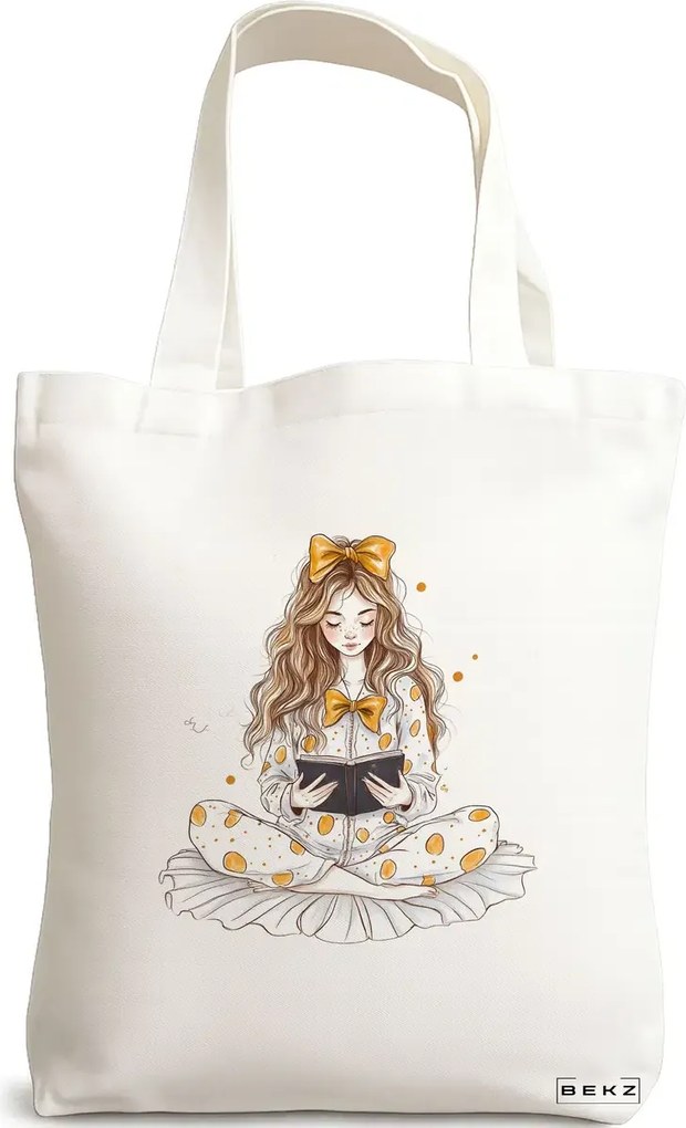 Sacosa de Panza pentru Cumparaturi, Geanta Tote, model The bookie girl 2 38 x 34.5 cm, Alba, BEKZ®