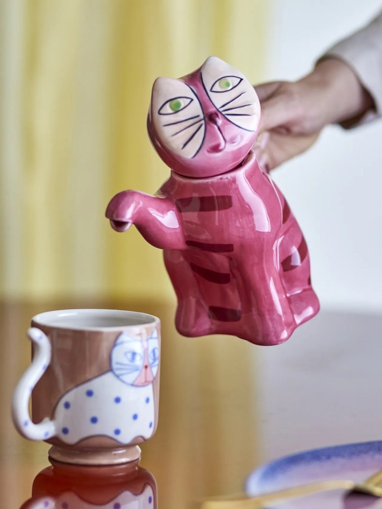 Ceainic din ceramică artizanală, multicolor, pictat manual în formă de pisică cu coadă curbată, 19x9x20,5 cm, 500 ml, „Missy"
