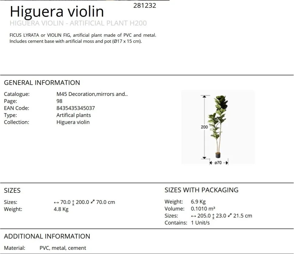 Planta artificiala decorativa Higuera violin, H200