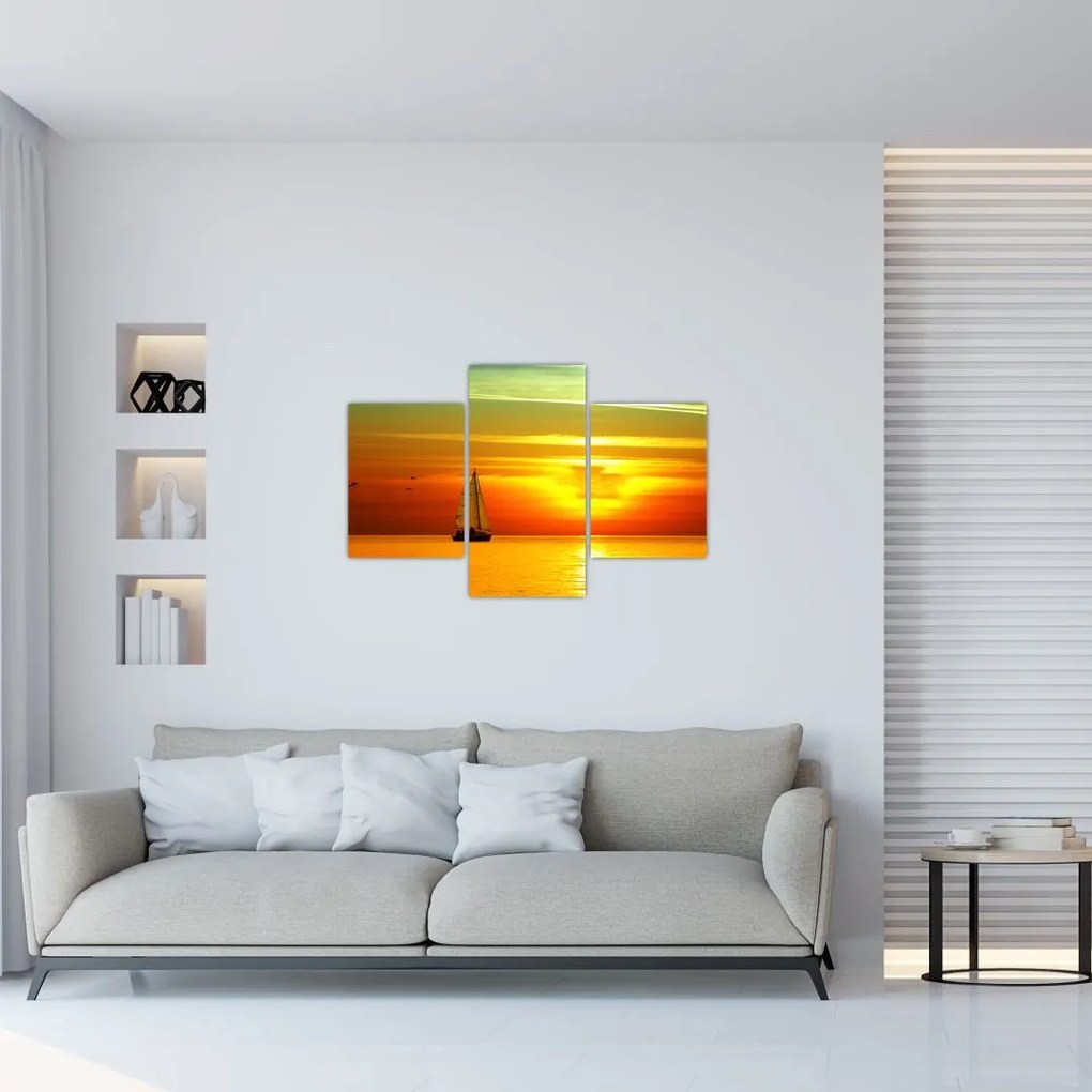 Tablou cu apus de soare și iaht (90x60 cm)