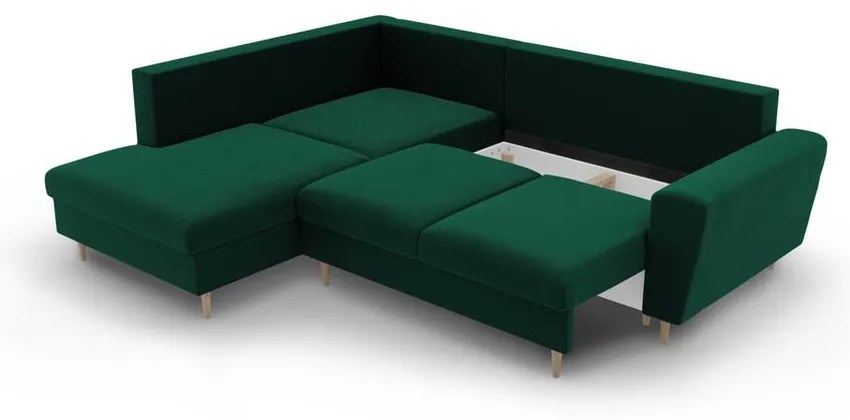 Colțar verde extensibil, cu spațiu de depozitare cu tapițerie din catifea (cu colț pe partea stângă-în formă de ”L”) Kyoto – Cosmopolitan Design