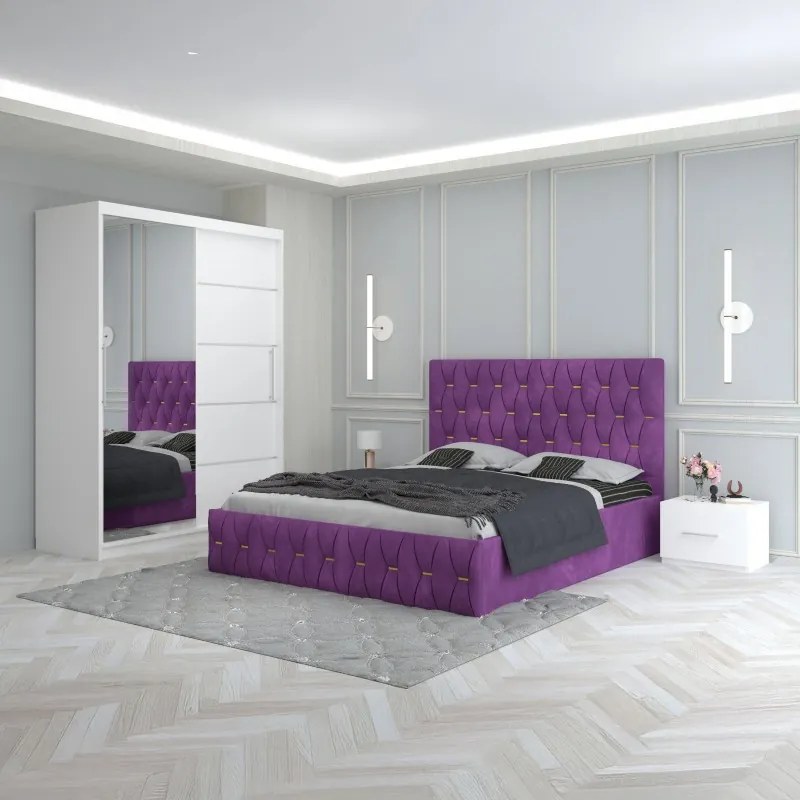 Set Mobila De Dormitor Eric Mov, pat tapitat 160x200cm,  dulap cu oglinda 150x210cm, noptiere