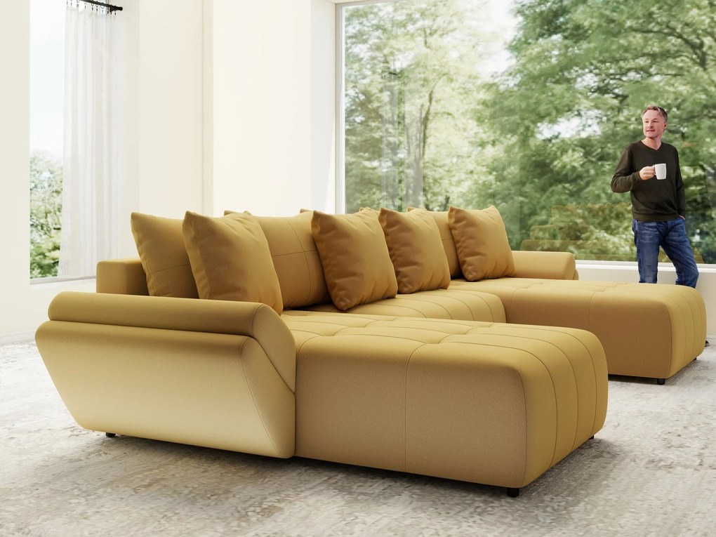 Colțar extensibil dumonde cu ladă de depozitare si sezut confortabil din spuma high-density, Berlin U Royal Mustar 380x180 cm