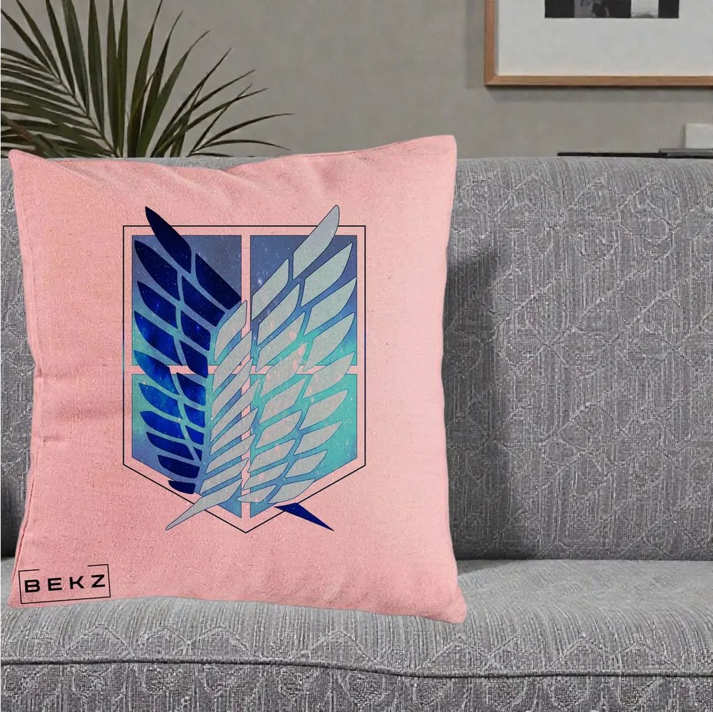 Perna Personalizata Attack on Titan Wings of Freedom, 40x40 cm, Roz, Husa Detasabila, Perna Inclusa, BEKZ®