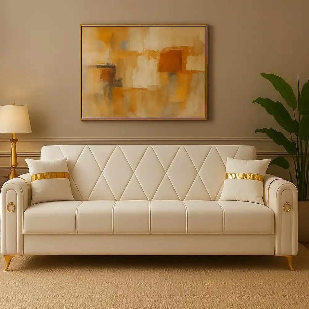 Canapea extensibila cu lada de depozitare 220x87x93 cm , bej si detalii aurii –Camara