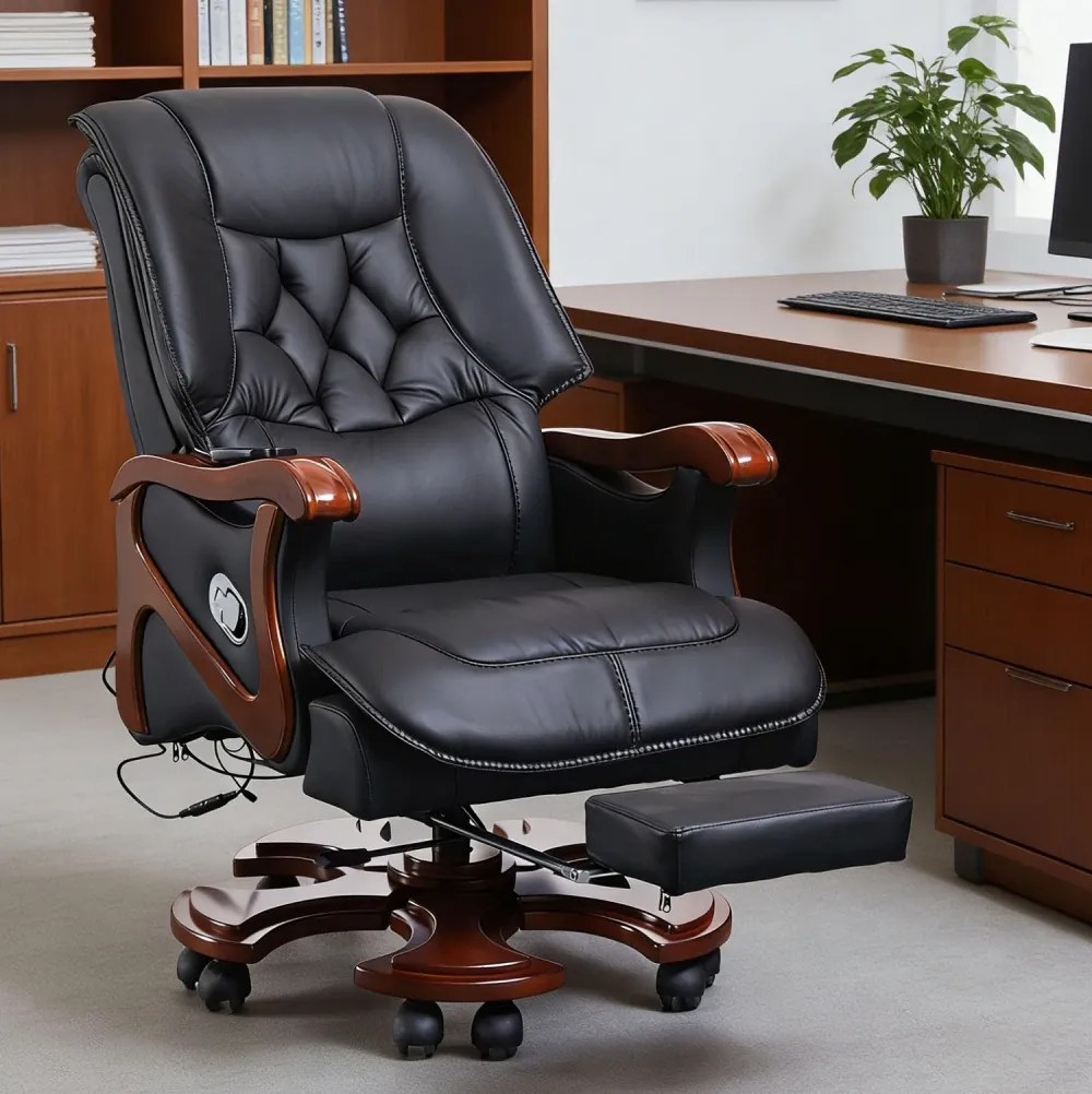 Regal Confort – Scaun directorial din Piele Naturală si Lemn Masiv, Masaj in 7 puncte, Funcție Încălzire, Înclinare 135°, Suport Picioare Extensibil, Sezut cu Arcuri, Telecomandă, Negru