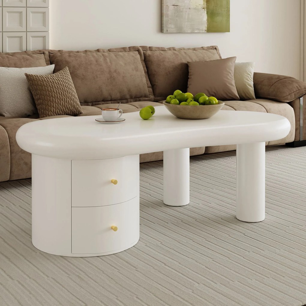 Măsuță de cafea cu formă neregulată, 2 sertare, 97x64x42 cm, Alb