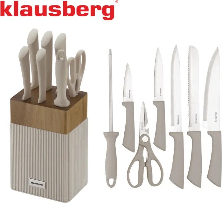 Set cuțite Klausberg KB 7984, 8 piese, Oțel inoxidabil, Ascuțitor, Mâner lemn de salcâm, Bej/lemn