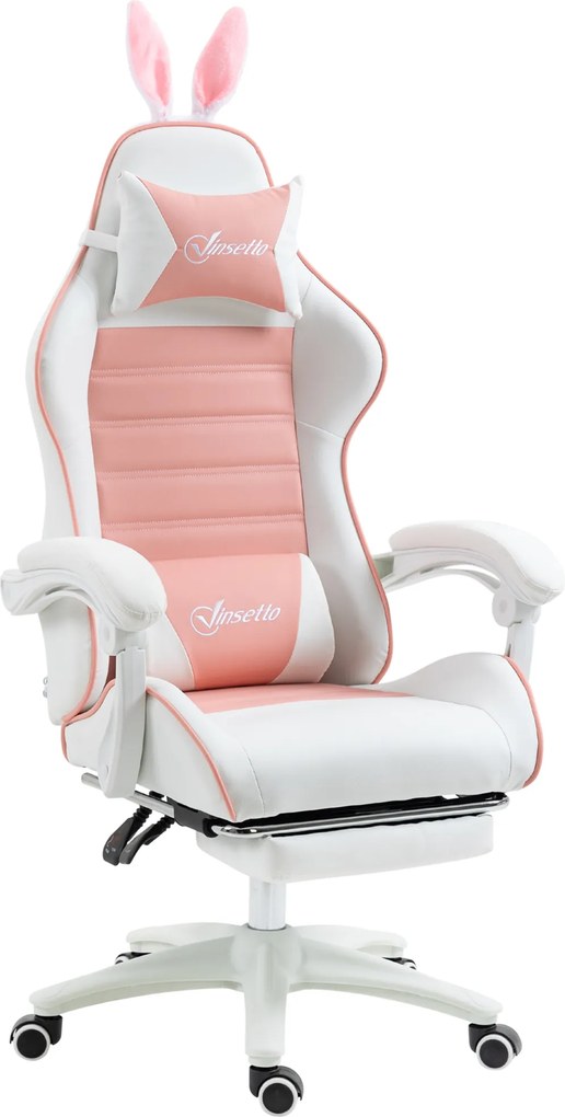 Vinsetto Scaun de Gaming Ergonomic cu Urechi de Iepure și Suport pentru Picioare Extensibil, 65x63x136-142 cm, Roz | Aosom Romania