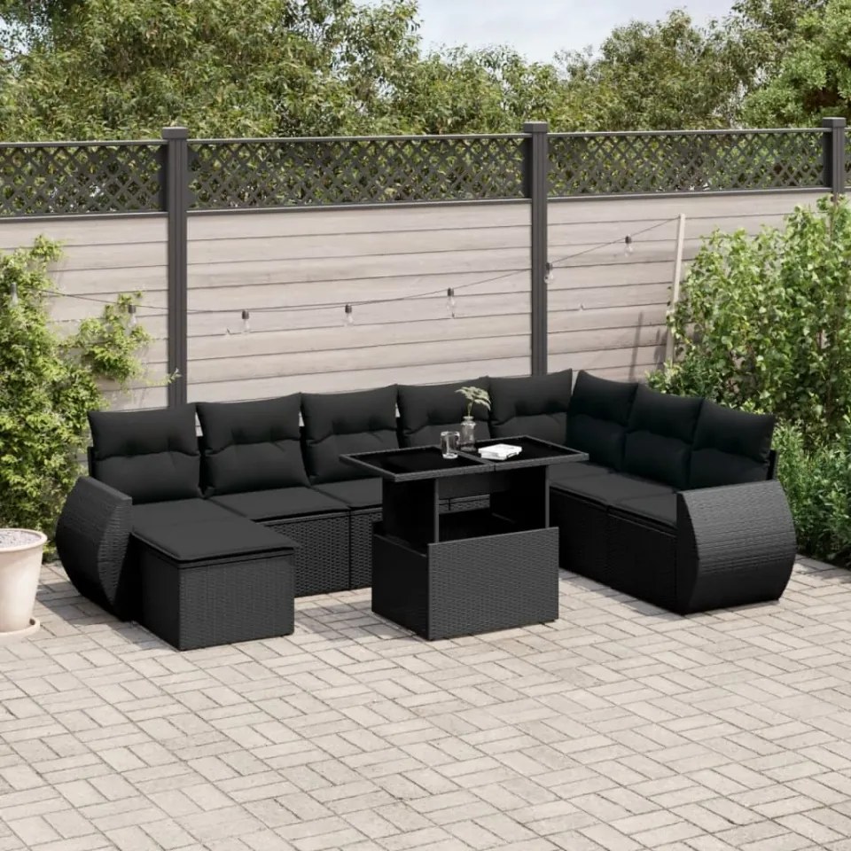 Set mobilier de grădină cu perne, 9 piese, negru, poliratan